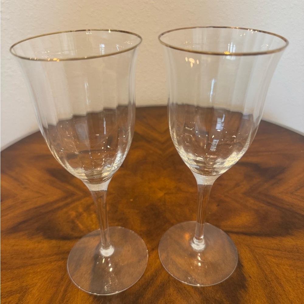 2 Elegant Gorham Crystal “Laurin” Gold-Rimmed Optic Wine Glass Set